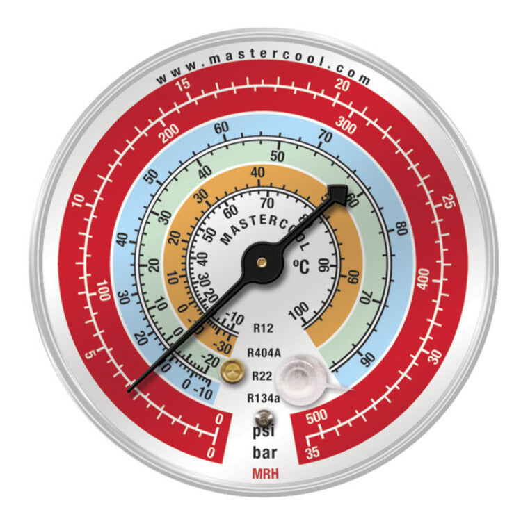 Mastercool MRH — Gauge 63mm, HP, Psi/Bar/°C, R12-22-134a-404A