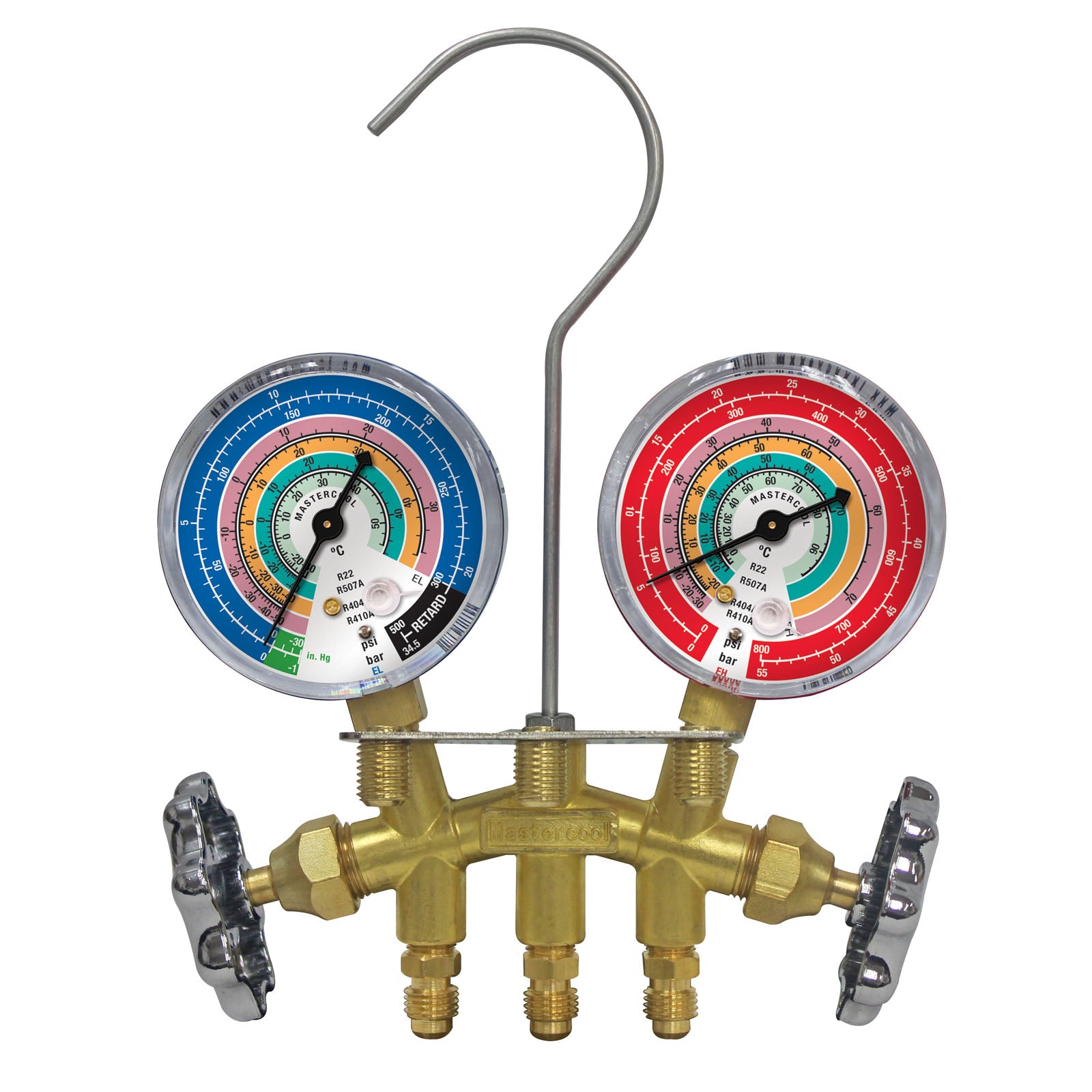 Mastercool 33103-E 2-Way Brass Manifold 63mm Gauges R410A