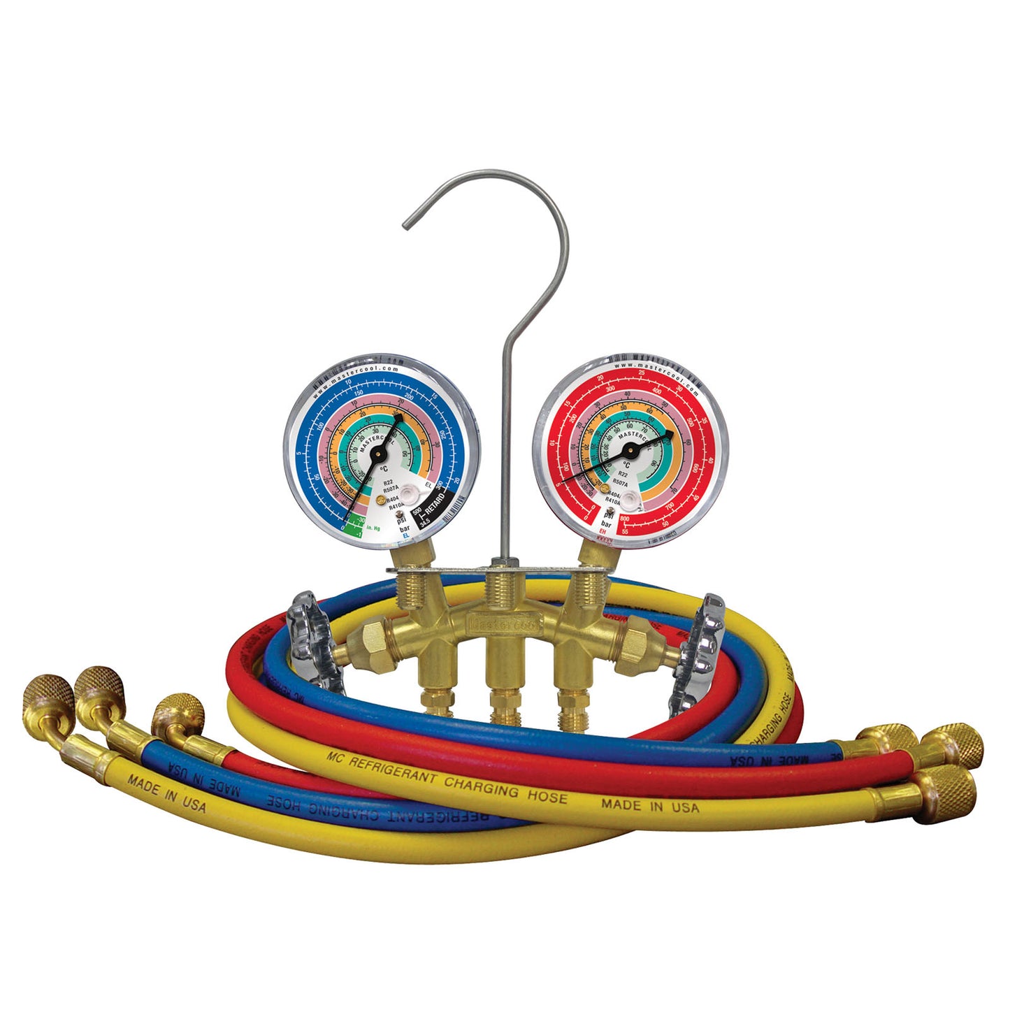 Mastercool 33636-EBC2 — Brass Manifold Set 80mm R410A with 3 x 90cm Hoses, 2 Temp Clamps & Case