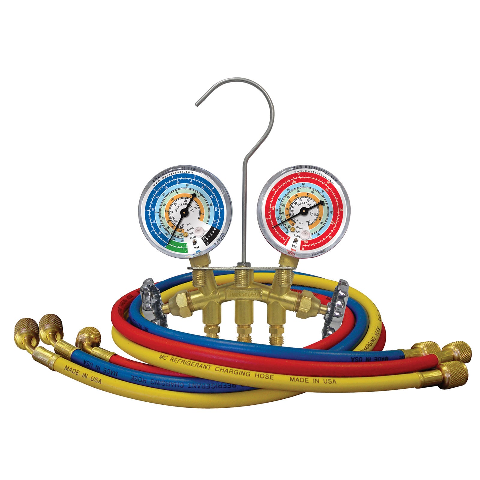 Mastercool 33772-E Brass Manifold Set 63mm with 3 x 180cm Hoses