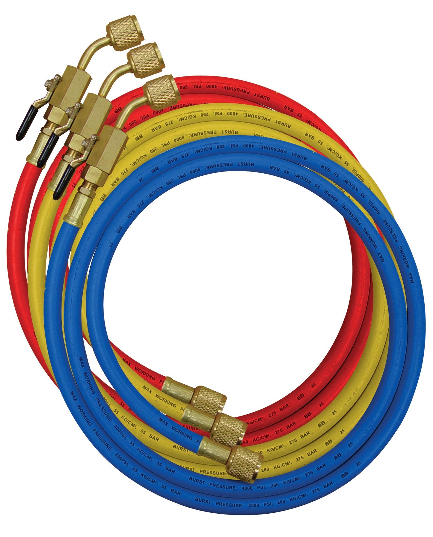 Mastercool Hose Set 3 x 180cm Nylon Barrier Man Shut Off Valve 1/4