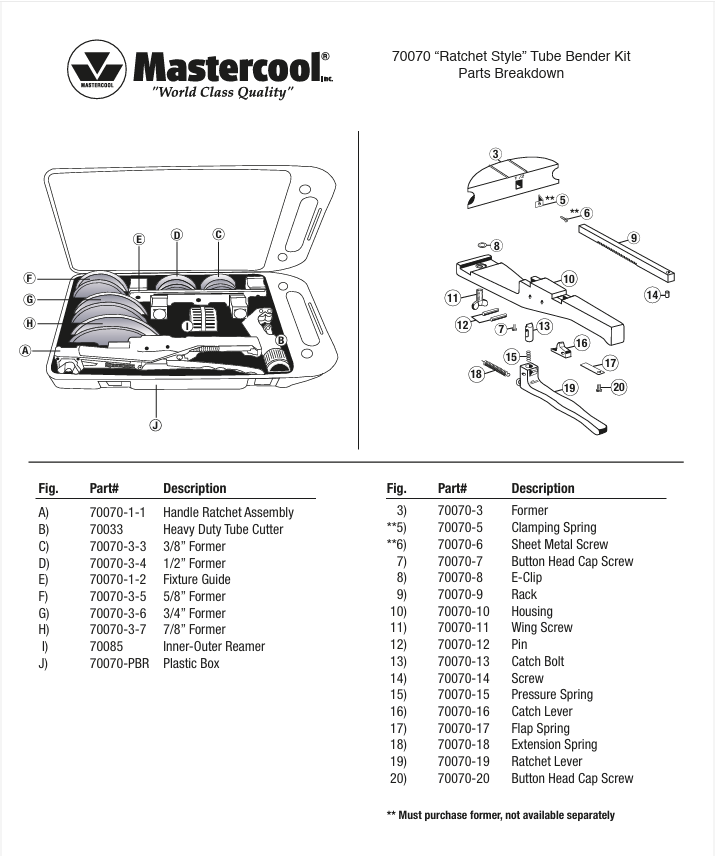 Mastercool 70070-9 Ratchet Tube Bender Rack 3/8-7/8" Replacement