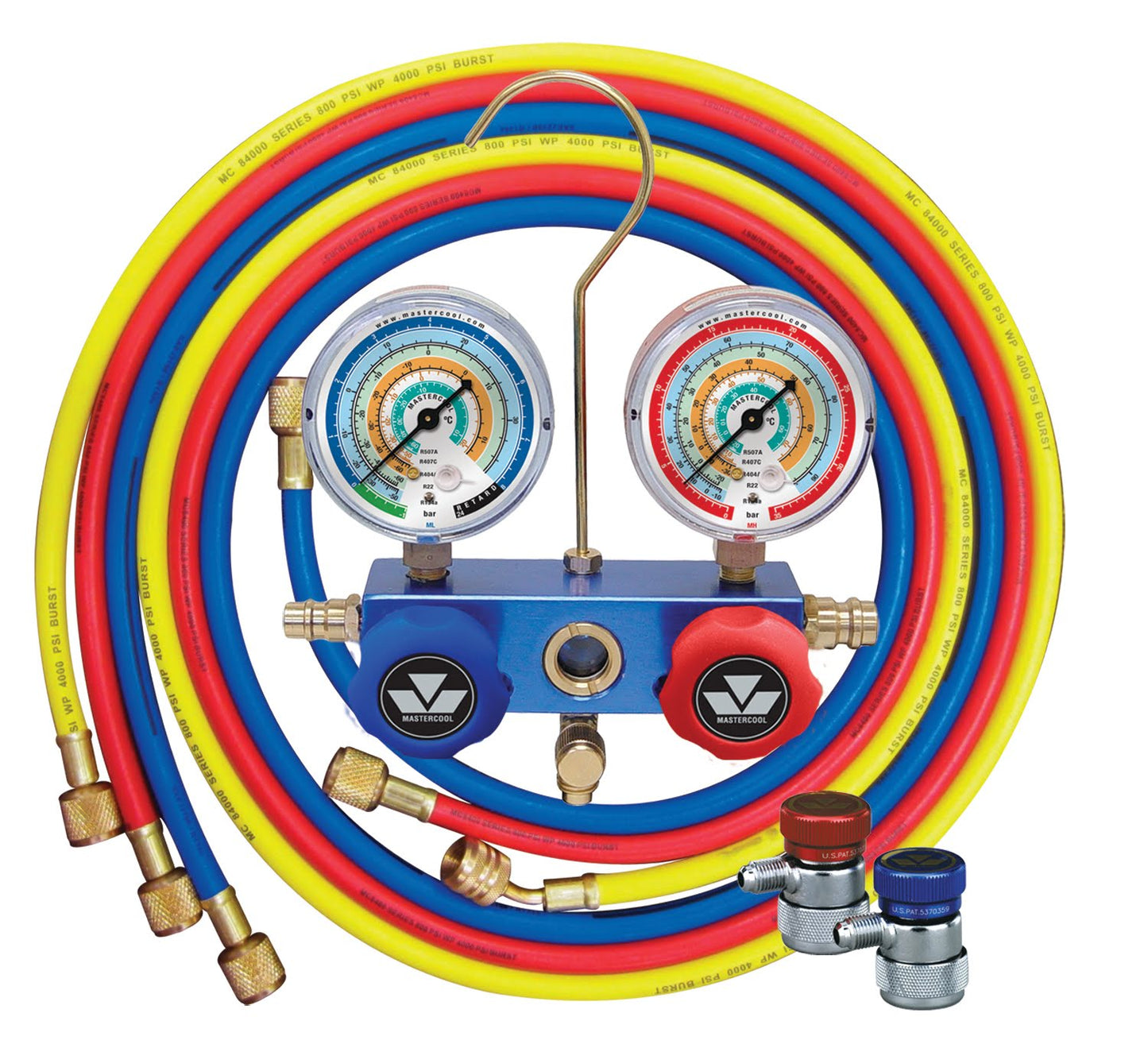 Mastercool 1/4 Auto Air Con 2 Way Manifold with Lines and Couplers