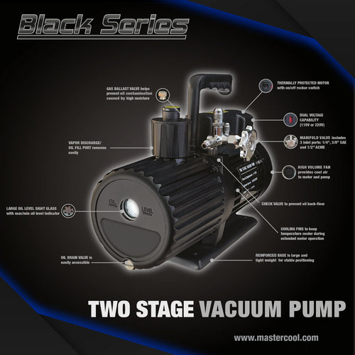 Mastercool 90068-2V-220-BL Black Series 8 CFM Vacuum Pump 2-Stage - MastercoolTools.com 