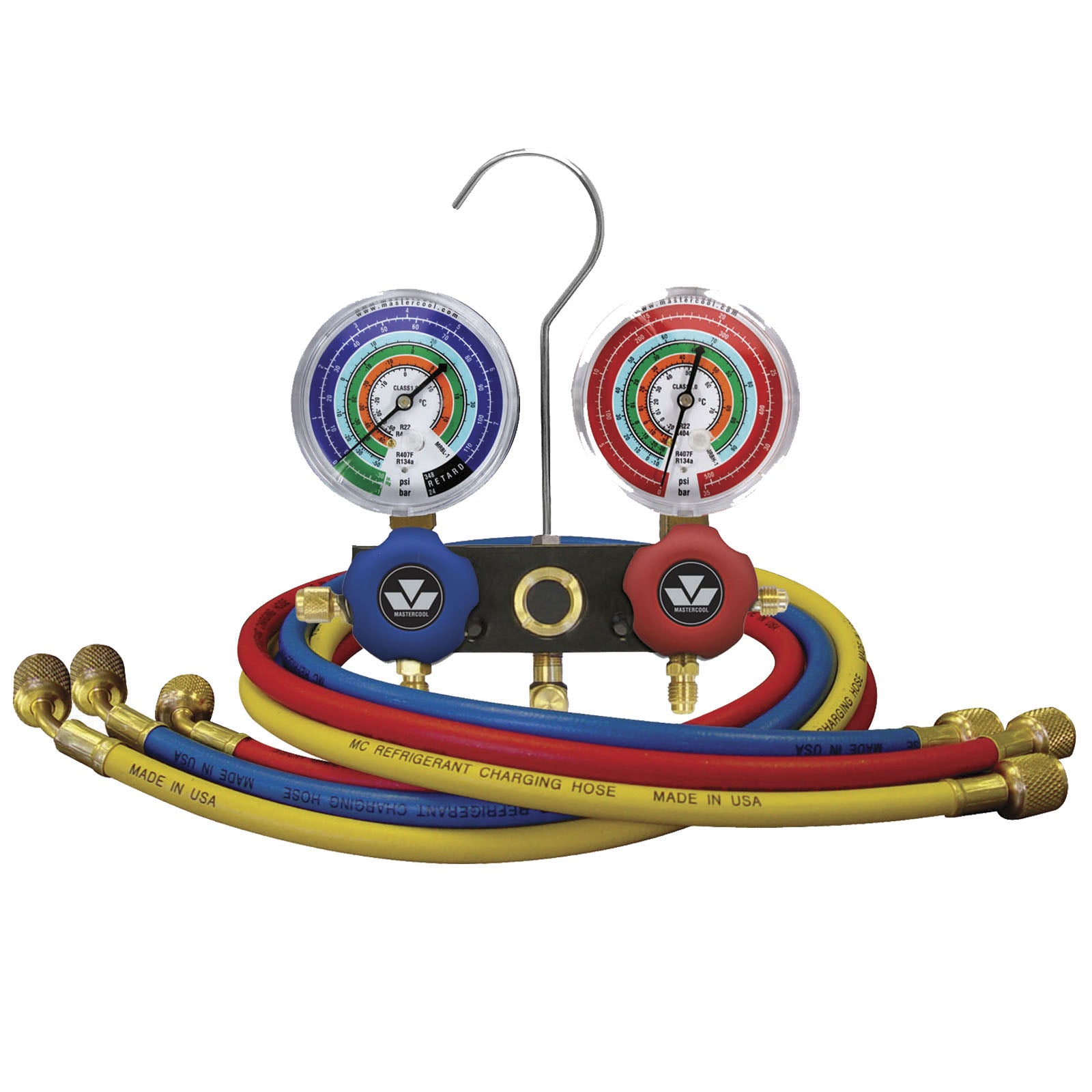 Mastercool 93636-E 2-Way Aluminium Manifold Gauge Set 63mm for R410A/R507/R404A/R22 with 3x90cm Hoses