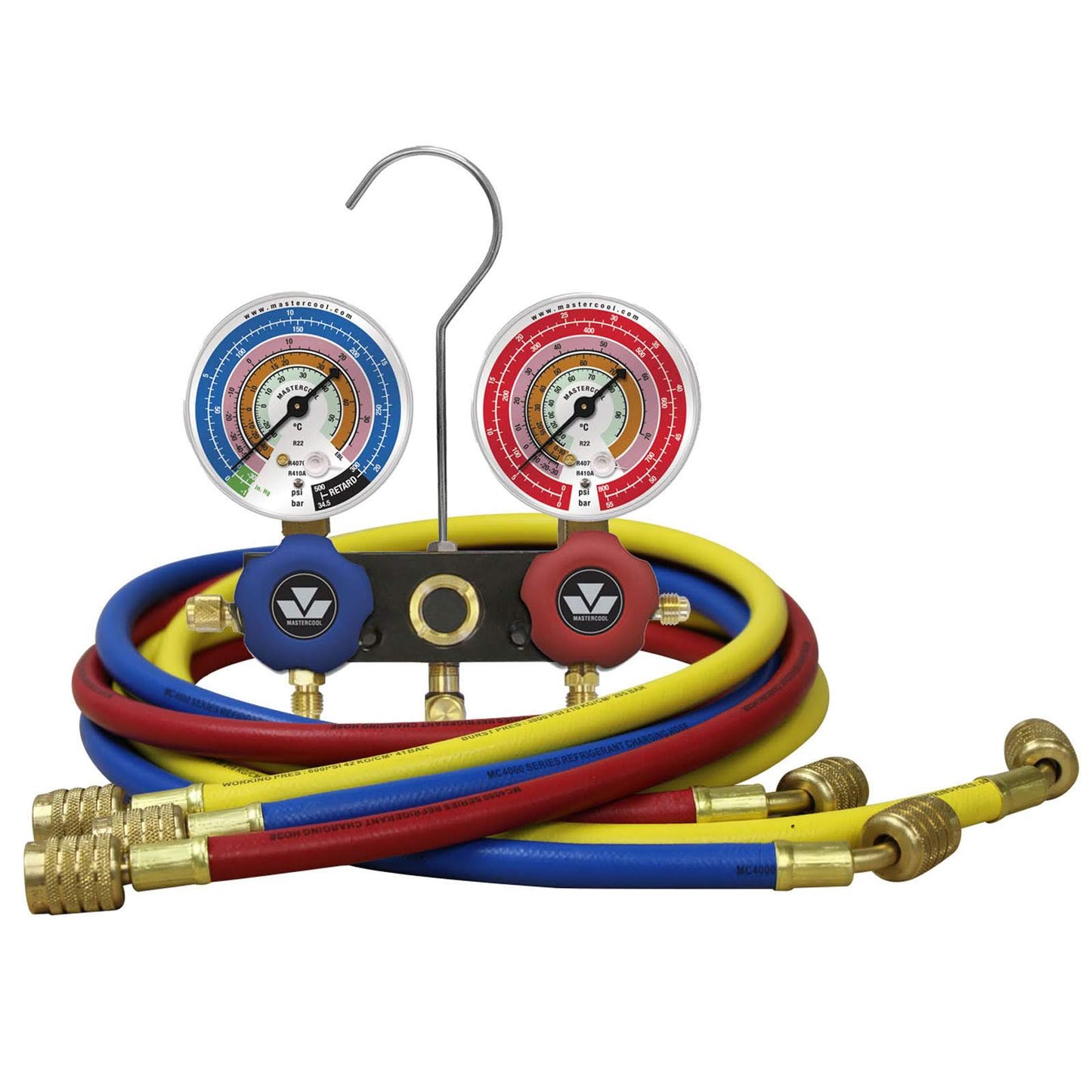 Mastercool Two Way Refrigerant Manifold Gauge Set with 3 x 150cm Ball Valve Hoses R134a R404a Mastercool 93661-MB