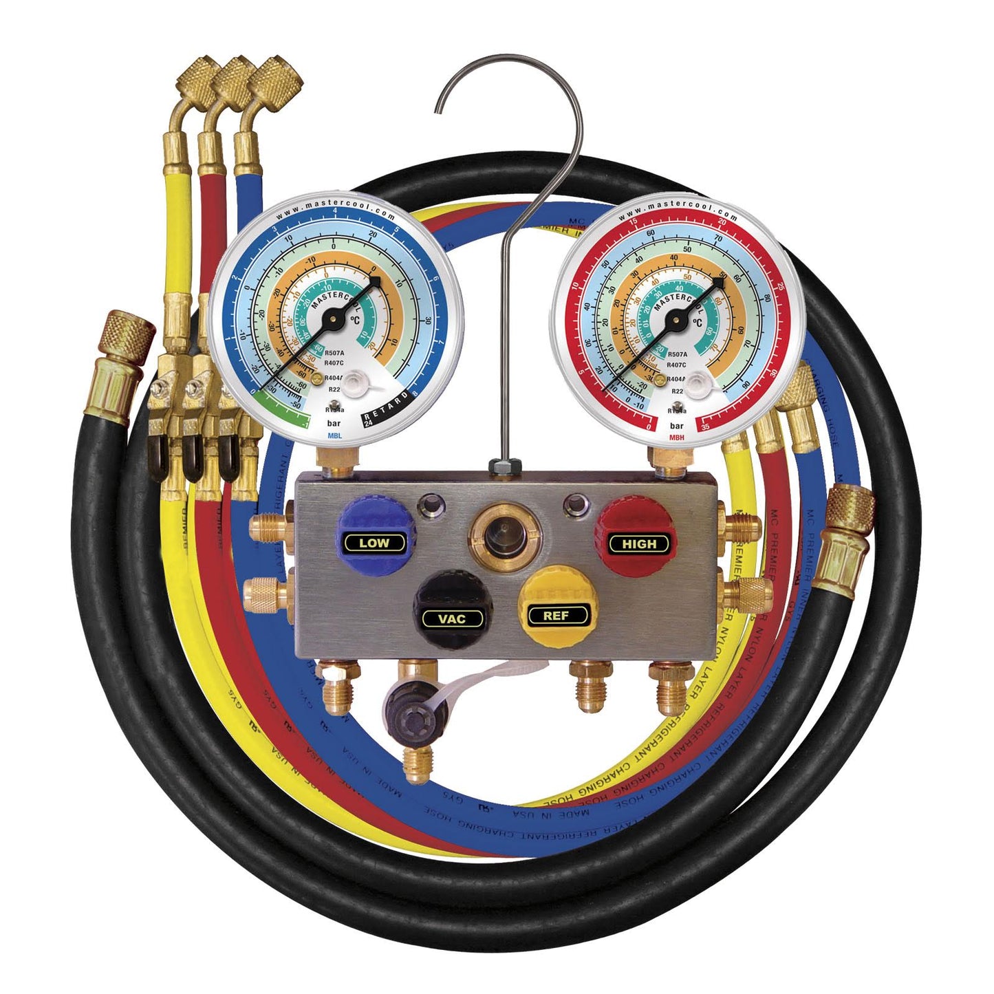 4 Way Refrigerant Manifold Gauge Set 3/8 Bore With 3 x 150cm Ball Valve Hoses 1 x 3/8 Hose R134a R404a R407c R22 R507