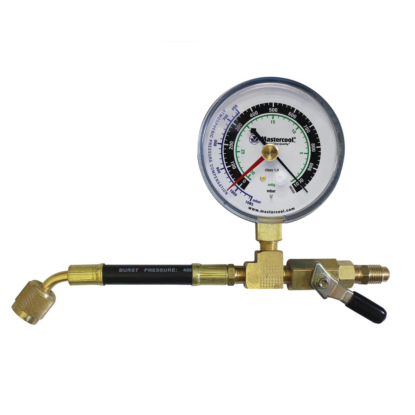 Mastercool Analog Vacuum Gauge with Control Valve 1/4” flare female x 1/4” flare male