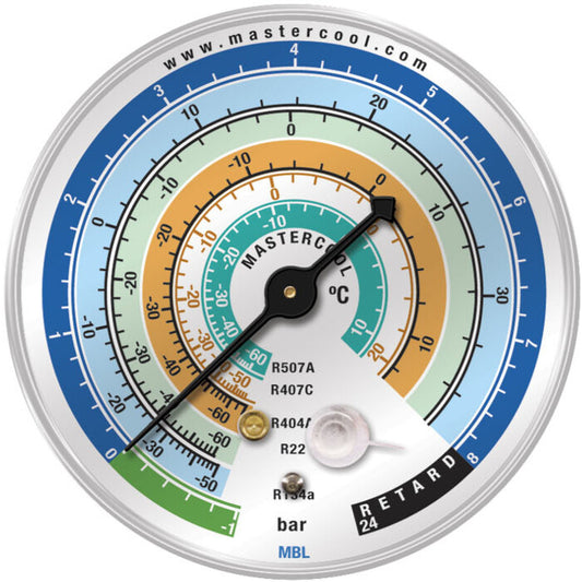 Mastercool MBL — Gauge 80mm, LP, Bar/°C, R22-134a-404/7-507