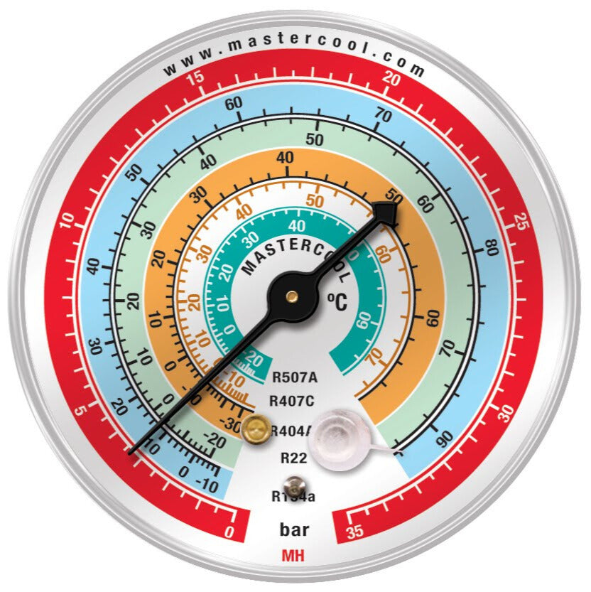 Mastercool MH Gauge 63mm, HP, Bar/°C, R22-134a-404/7-507