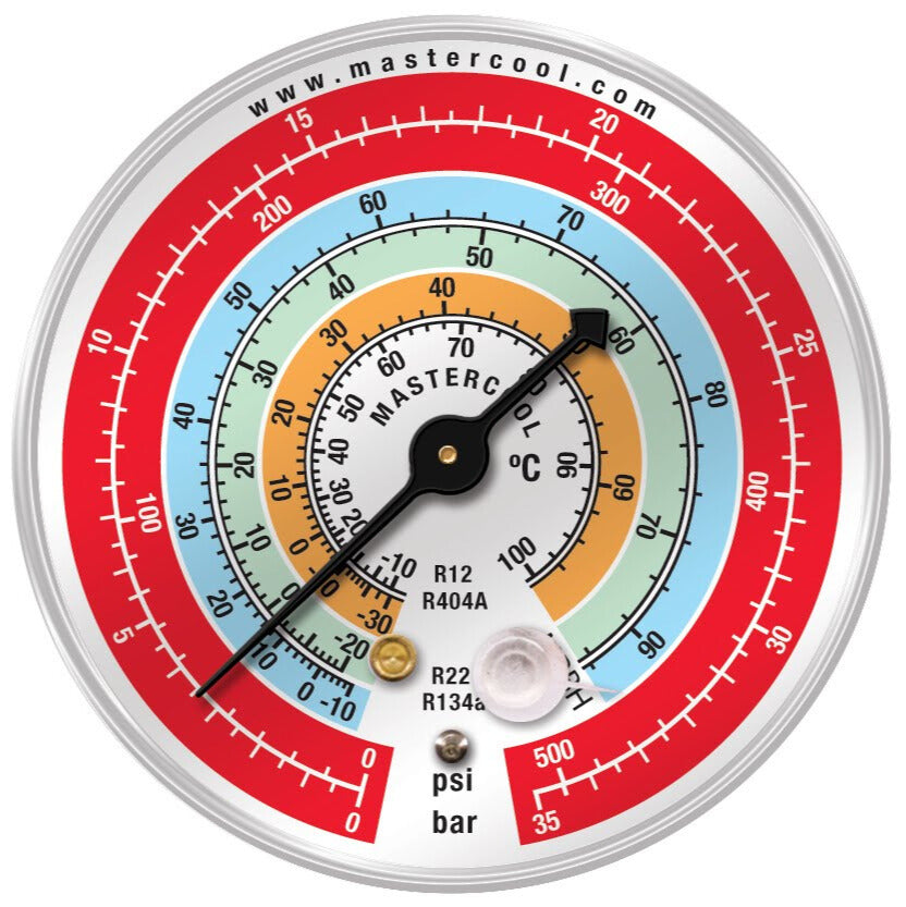Mastercool MRBH — Gauge 80mm, HP, Psi/Bar/°C, R12-22-134a-404A