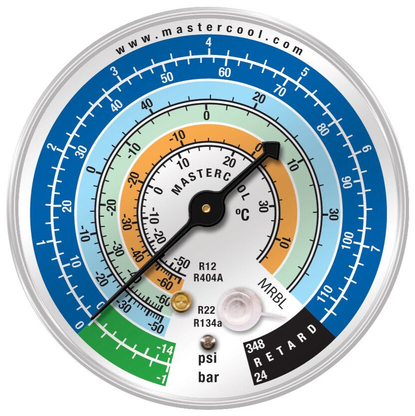 Mastercool MRBL — Gauge 80mm, LP, Psi/Bar/°C, R12-22-134a-404A