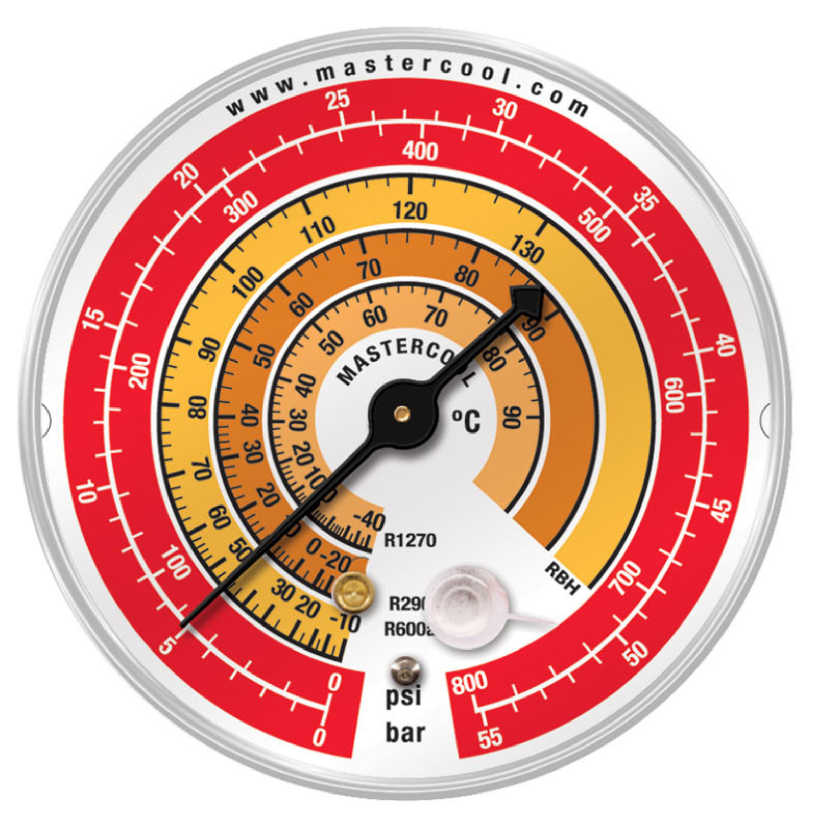 Mastercool RBH Gauge 80mm, HP, Psi/Bar/°C, R1270-R290-R600a