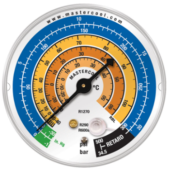 Mastercool RBL Gauge 80mm, LP, Psi/Bar/°C, R1270-R290-R600a