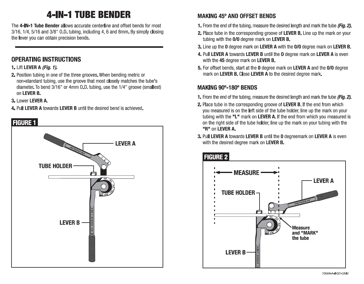 Mastercool 70069-A 4-in-1 Lever Tube Bender 180° 3/16" 1/4" 5/16" 3/8"